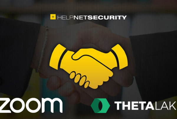 Helpnetsecurity banner. Illustrated hand shake. Zoom and Theta Lake logo